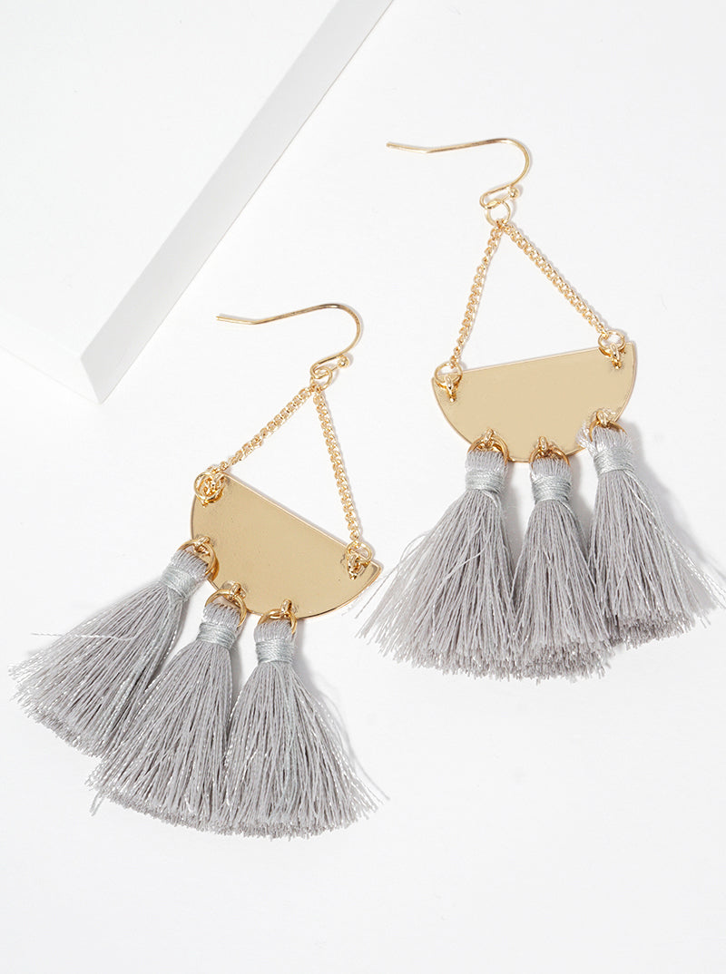 Polished Semicircle With Thread Tassel Drop Earrings