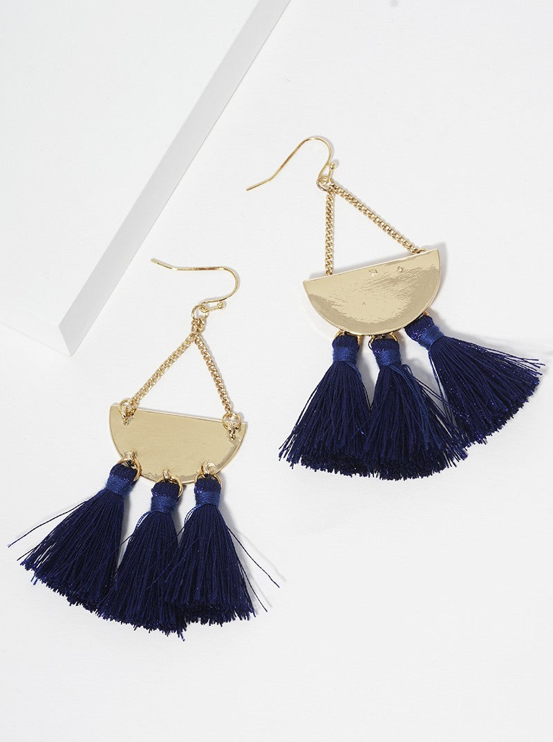 Polished Semicircle With Thread Tassel Drop Earrings