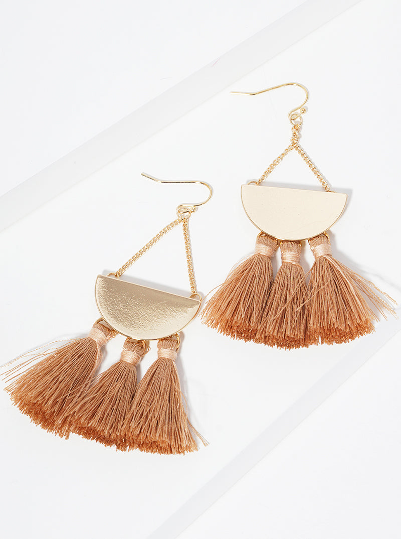 Polished Semicircle With Thread Tassel Drop Earrings