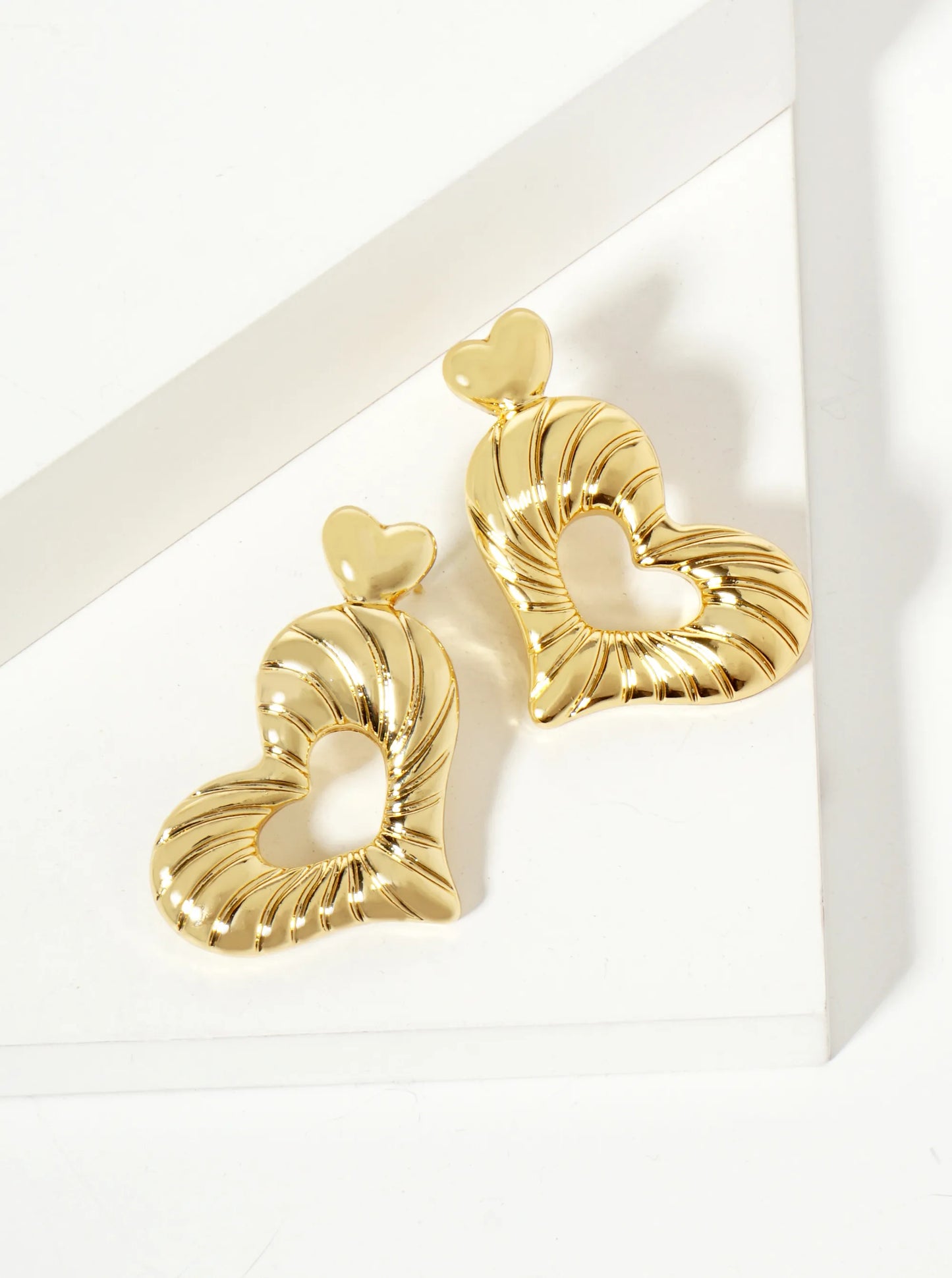 Polished Sideways Textured Heart Drop 18K-Gold-Dipped Brass Earrings