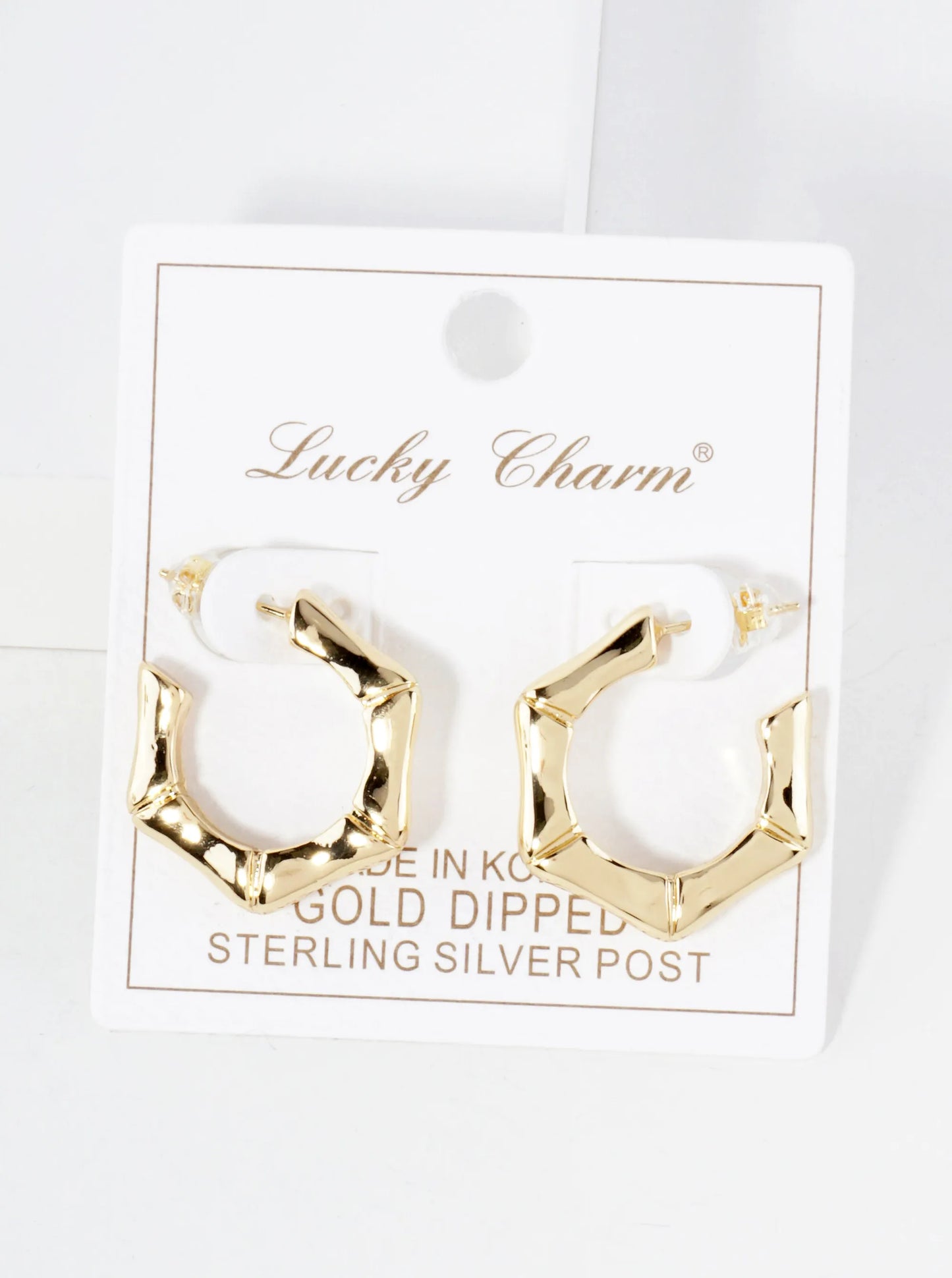 Polished Textured 25mm Hexagon 18K-Gold-Dipped Brass Open Hoop Earrings