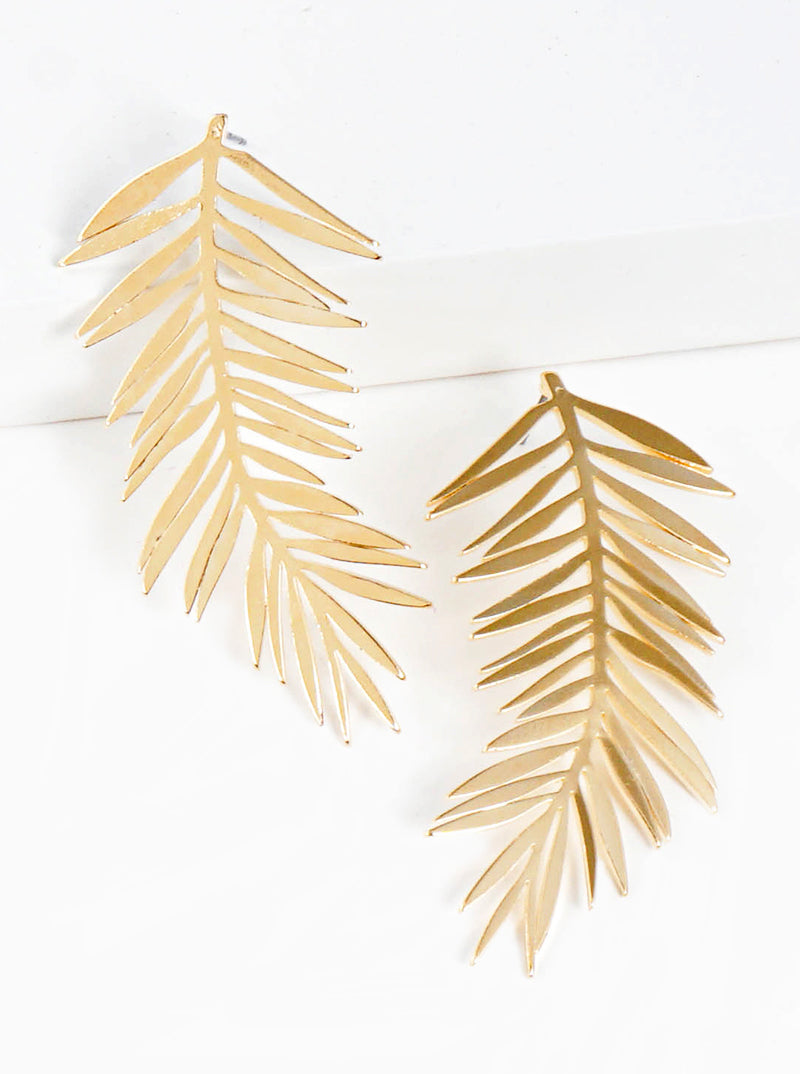 Polished Metal Palm Leaf Post Drop Earrings