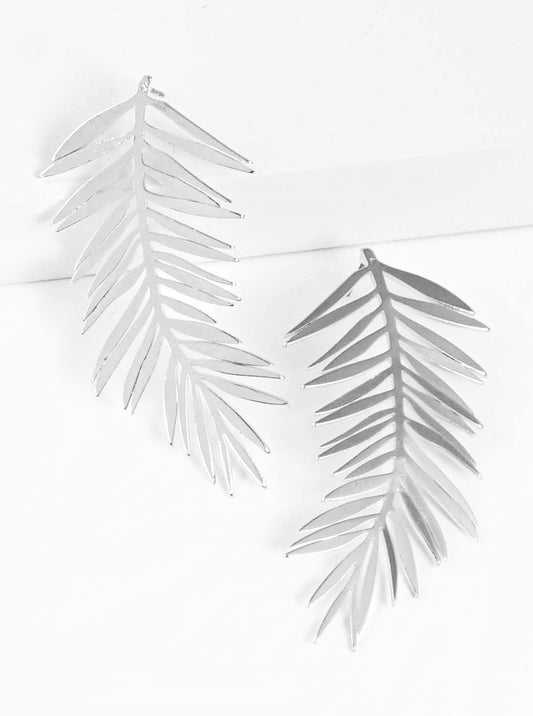 Polished Metal Palm Leaf Post Drop Earrings