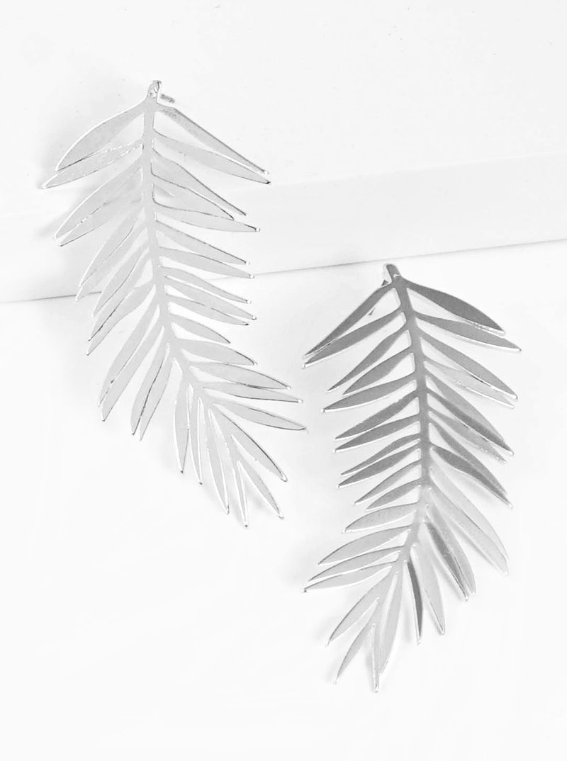 Polished Metal Palm Leaf Post Drop Earrings Rhodium