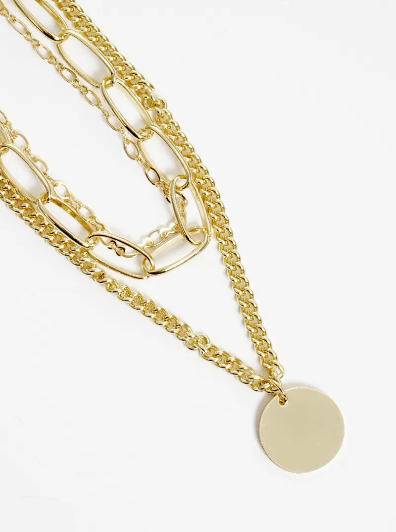 Polished Metal Round Disc Pendant Layered Multi Chain Necklace