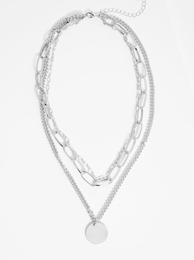 Polished Metal Round Disc Pendant Layered Multi Chain Necklace