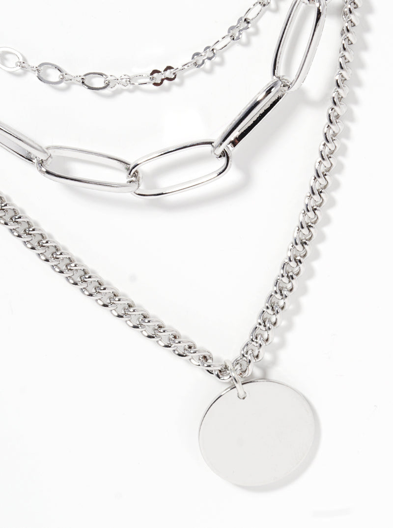 Polished Metal Round Disc Pendant Layered Multi Chain Necklace