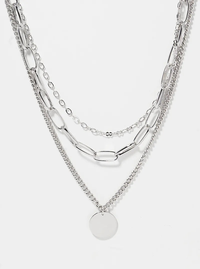 Polished Metal Round Disc Pendant Layered Multi Chain Necklace