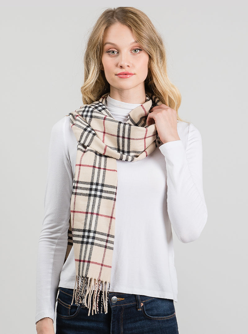 Polyester Check Pattern Oblong Scarf With Fringe