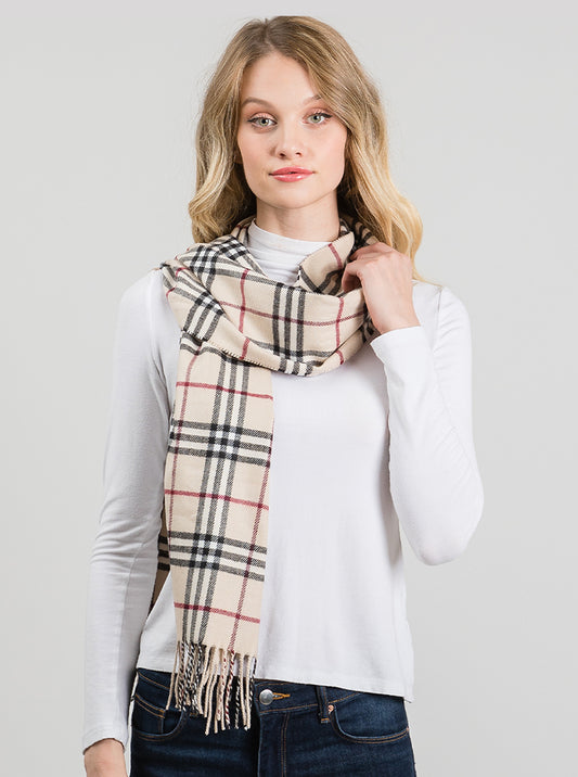 Polyester Check Pattern Oblong Scarf With Fringe