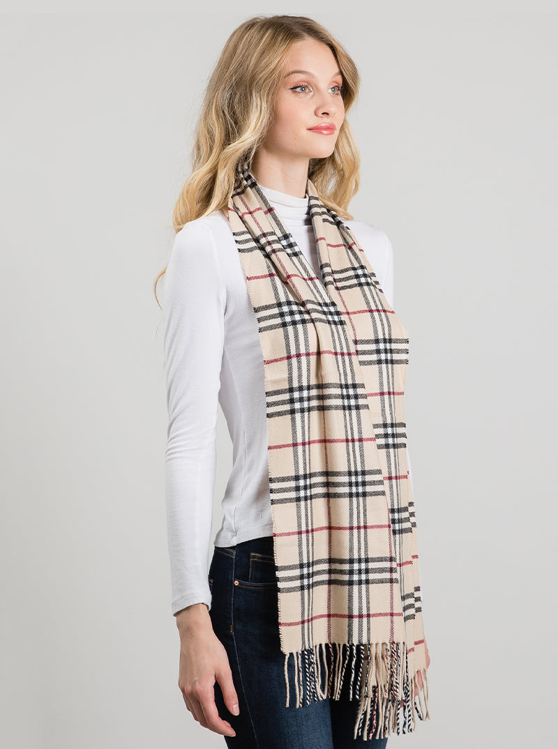 Polyester Check Pattern Oblong Scarf With Fringe