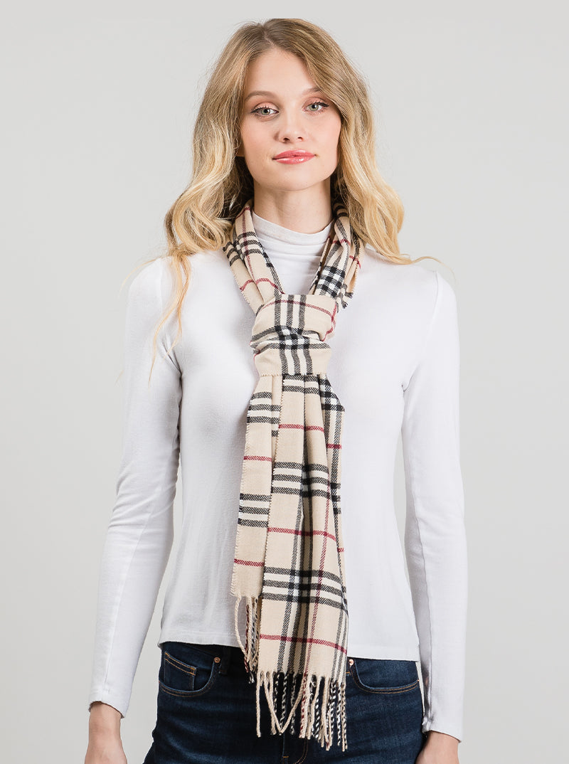 Polyester Check Pattern Oblong Scarf With Fringe