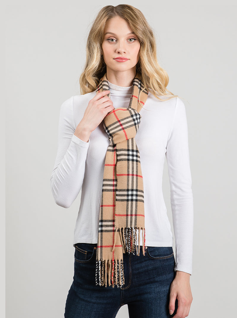 Polyester Check Pattern Oblong Scarf With Fringe