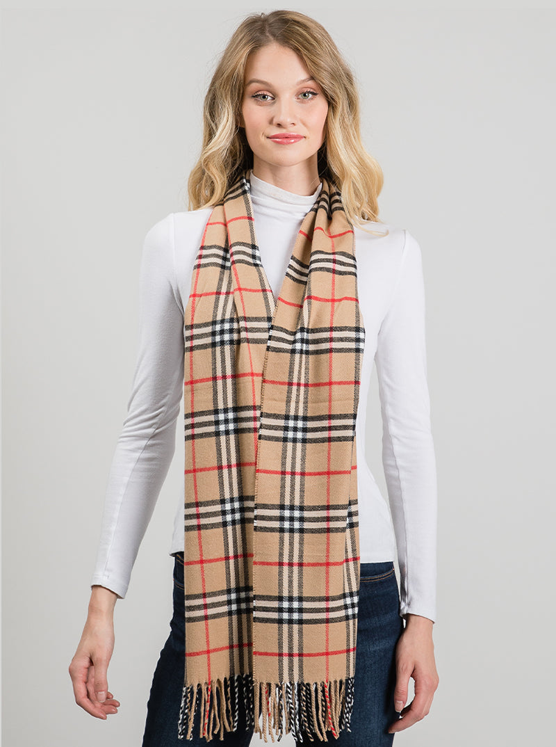 Polyester Check Pattern Oblong Scarf With Fringe