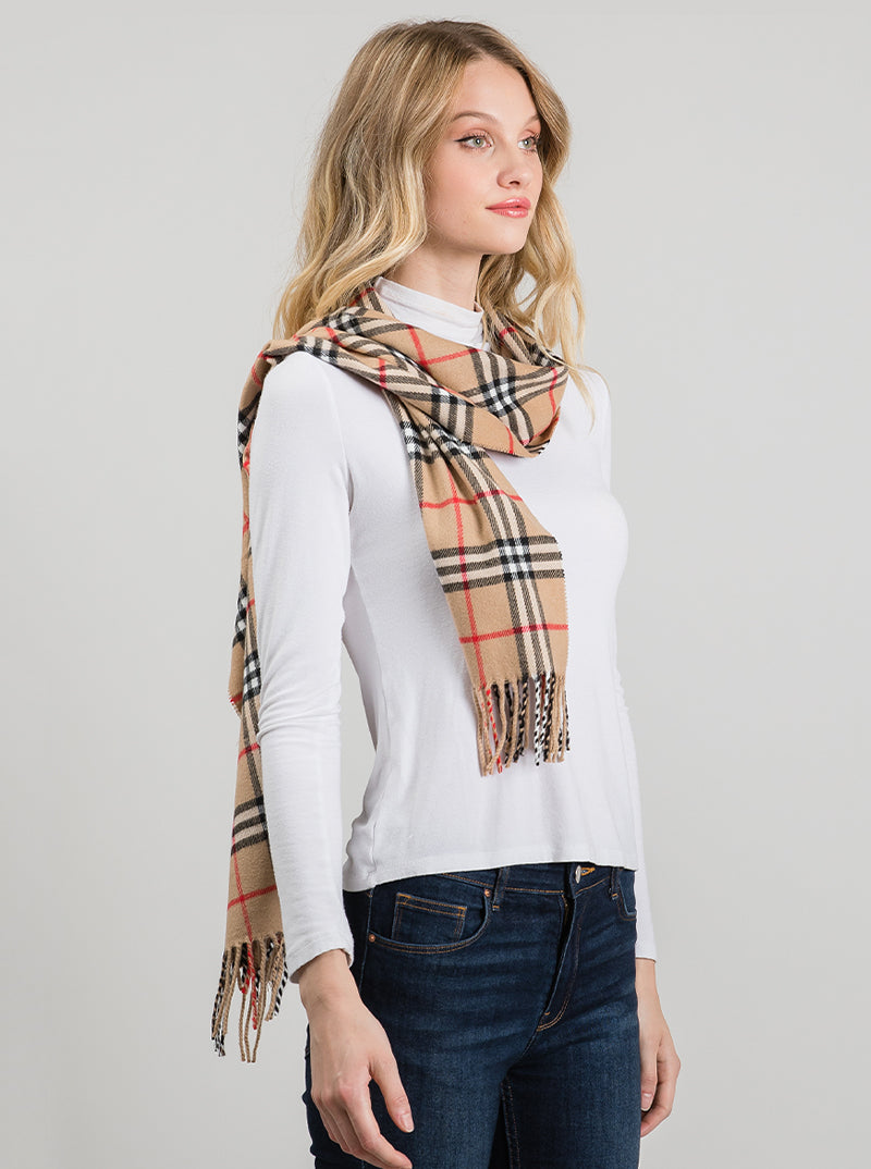 Polyester Check Pattern Oblong Scarf With Fringe