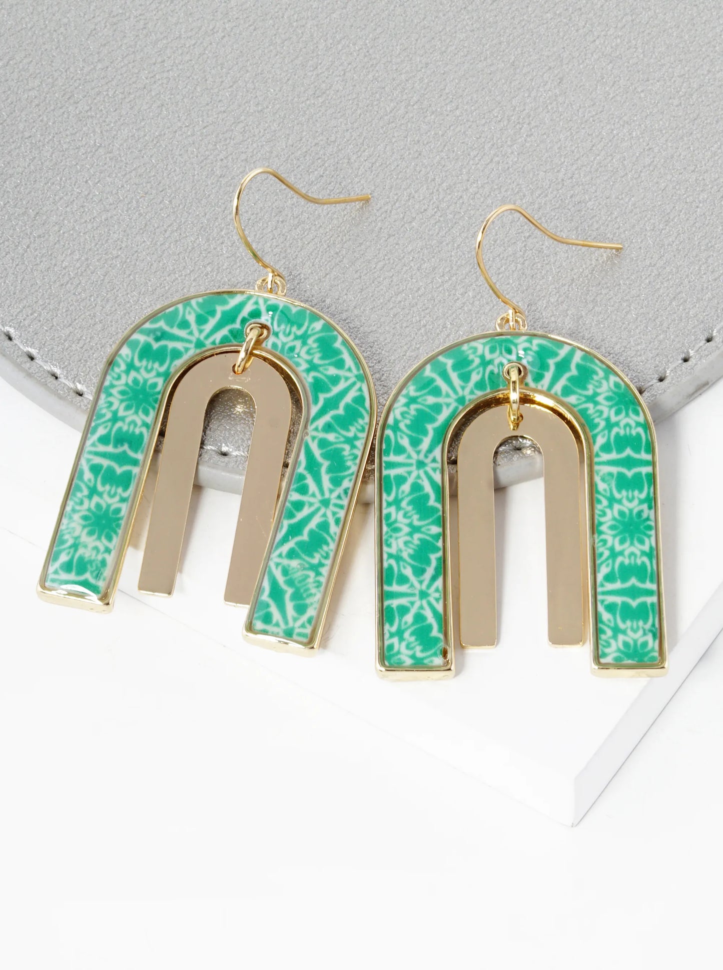 Portuguese Morocco Tile Design Dual U Shape Drop Dangle Earrings
