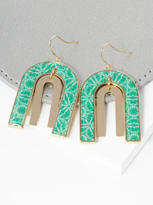 Portuguese Morocco Tile Design Dual U Shape Drop Dangle Earrings