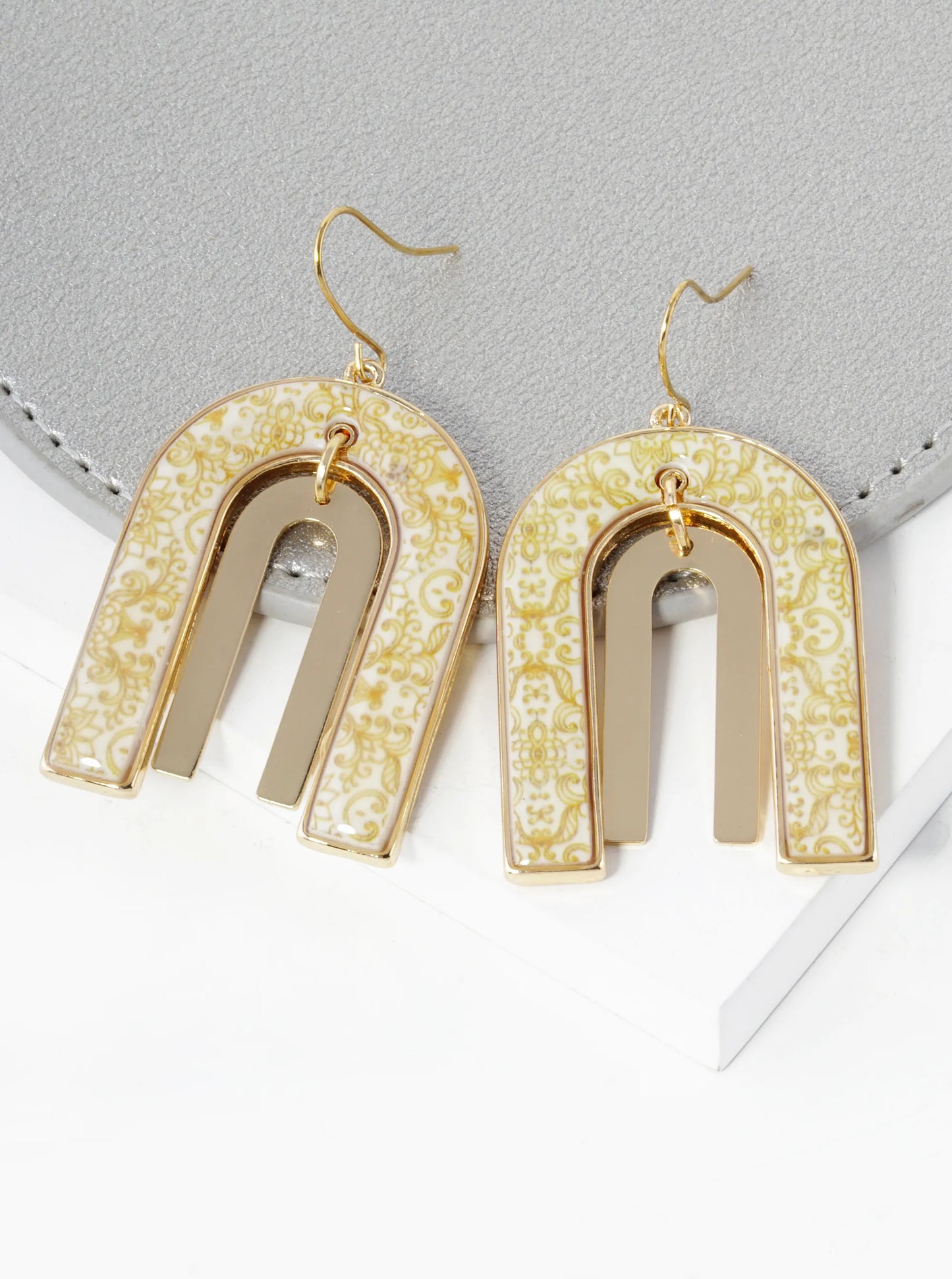 Portuguese Morocco Tile Design Dual U Shape Drop Dangle Earrings