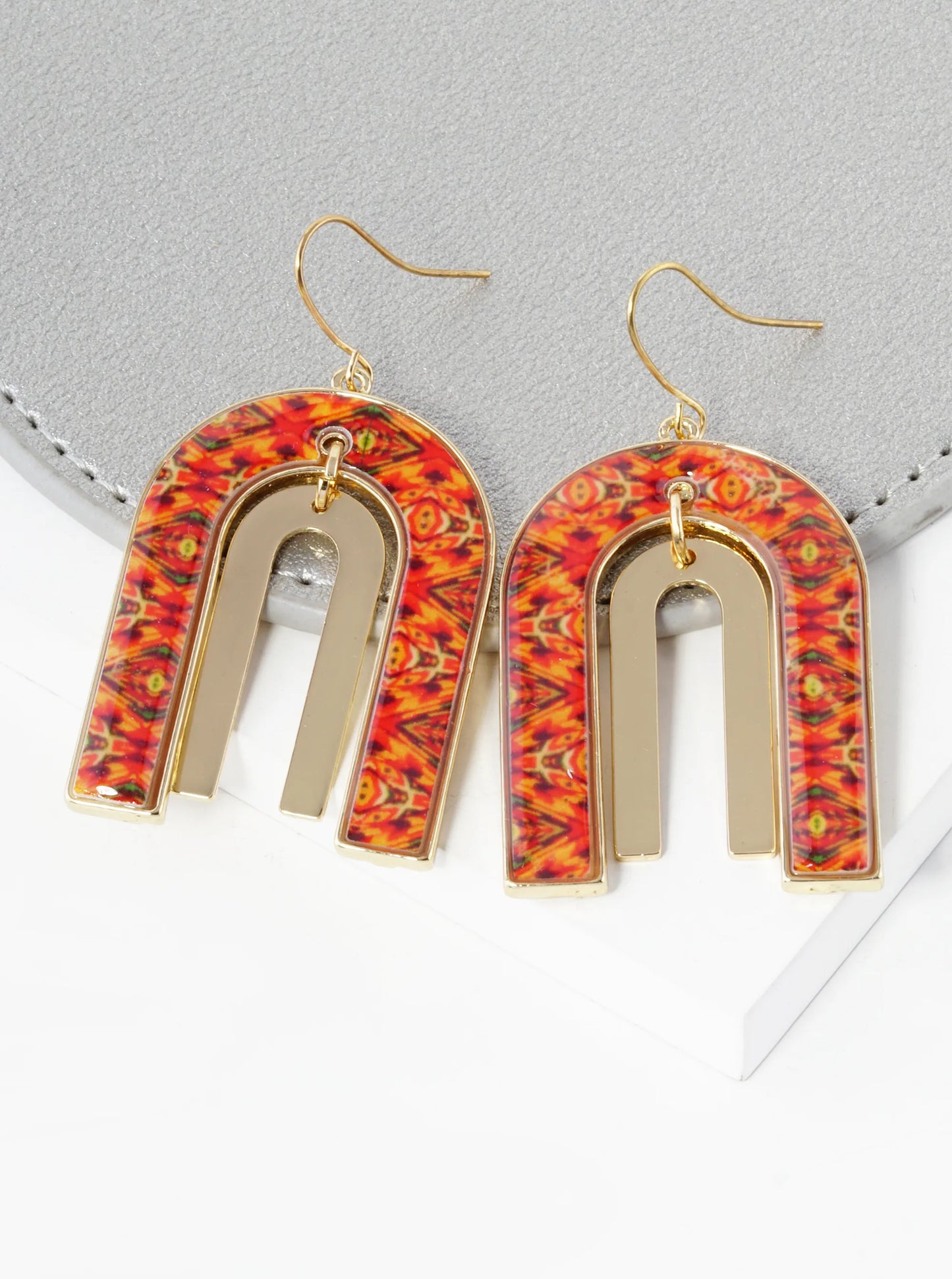 Portuguese Morocco Tile Design Dual U Shape Drop Dangle Earrings