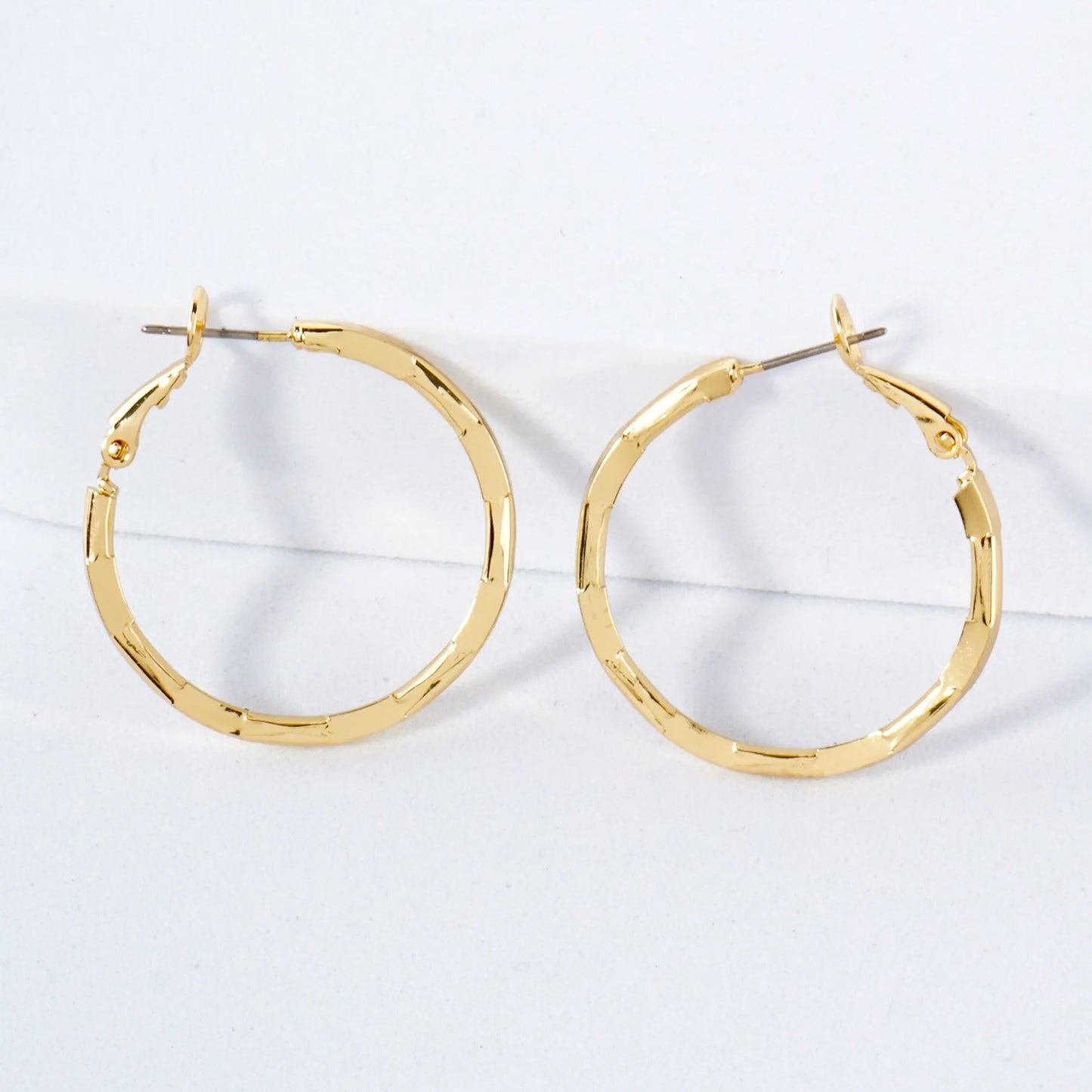 Pressed-Texture 14K-Gold-Dipped 30mm 2mm Thickness Brass Omega-Back Hoop Earrings