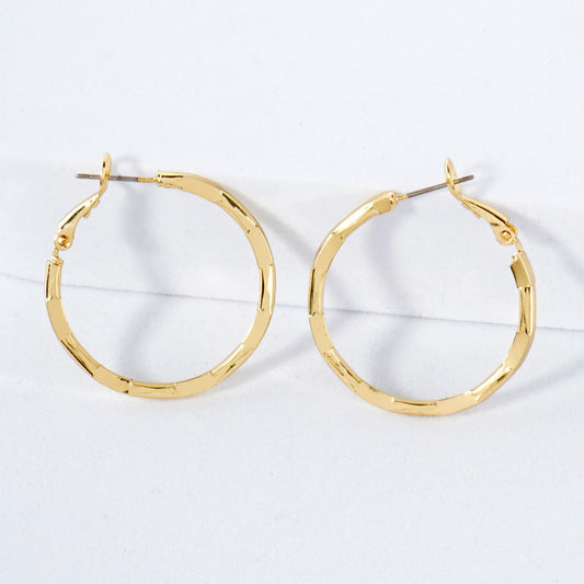 Pressed-Texture 14K-Gold-Dipped 30mm 2mm Thickness Brass Omega-Back Hoop Earrings