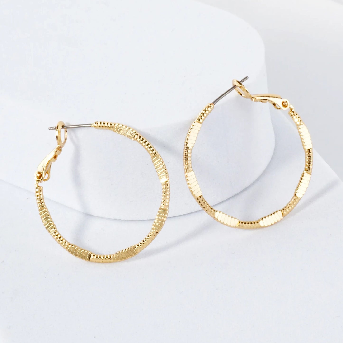 Pressed-Texture 14K-Gold-Dipped 30mm Brass Omega-Back Hoop Earrings