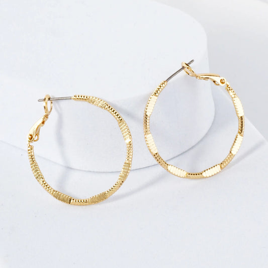 Pressed-Texture 14K-Gold-Dipped 30mm Brass Omega-Back Hoop Earrings