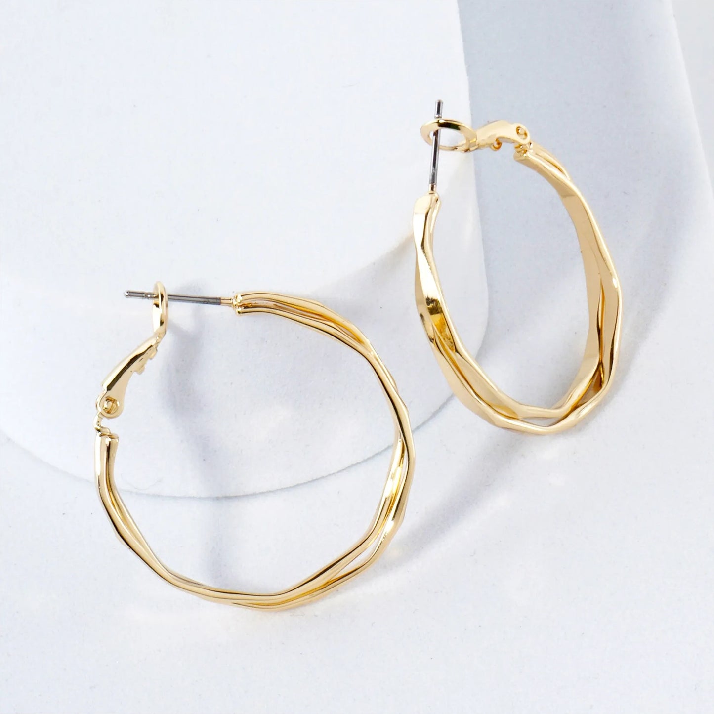 Pressed-Texture Overlapping 30mm 14K-Gold-Dipped Geometric Omega-Back Hoop Earrings