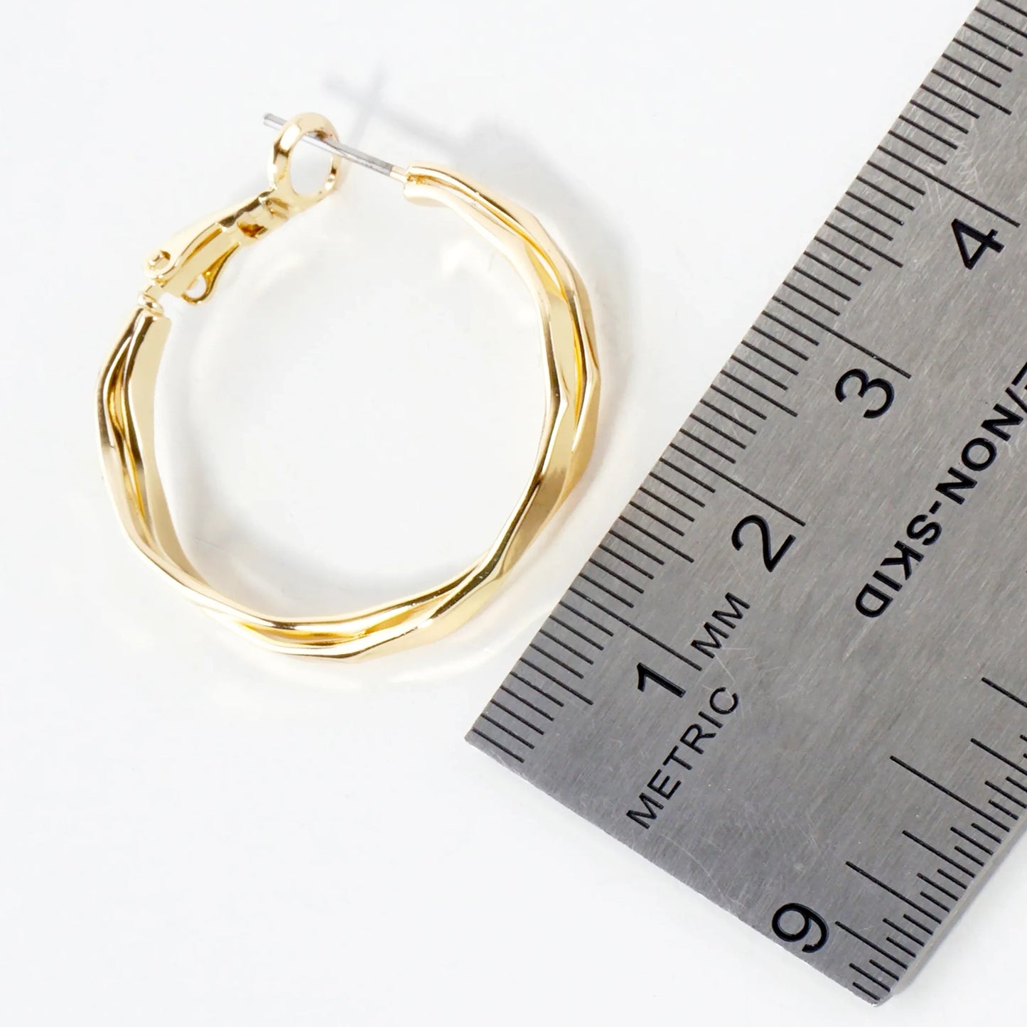 Pressed-Texture Overlapping 30mm 14K-Gold-Dipped Geometric Omega-Back Hoop Earrings