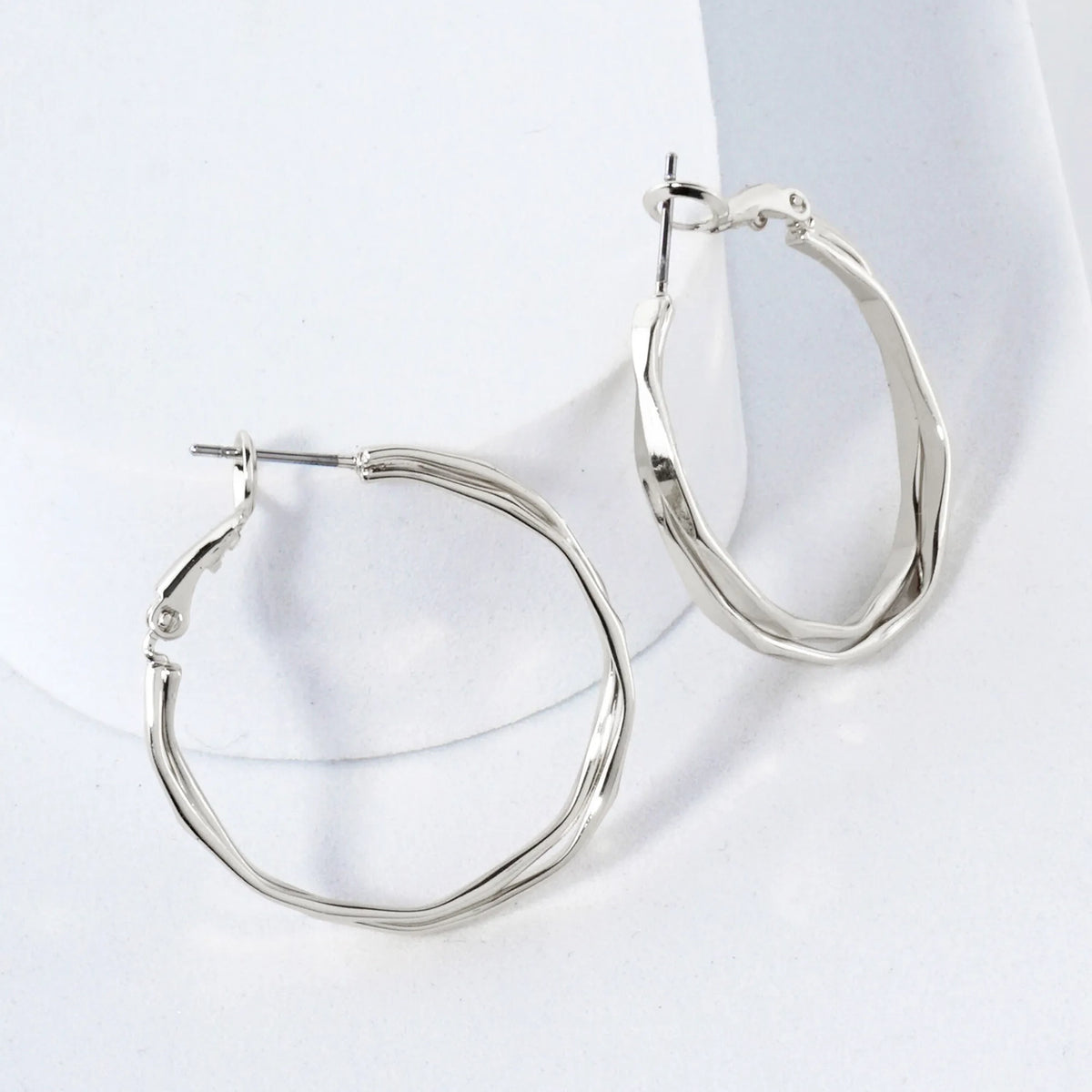 Pressed-Texture Overlapping 30mm 14K-Gold-Dipped Geometric Omega-Back Hoop Earrings