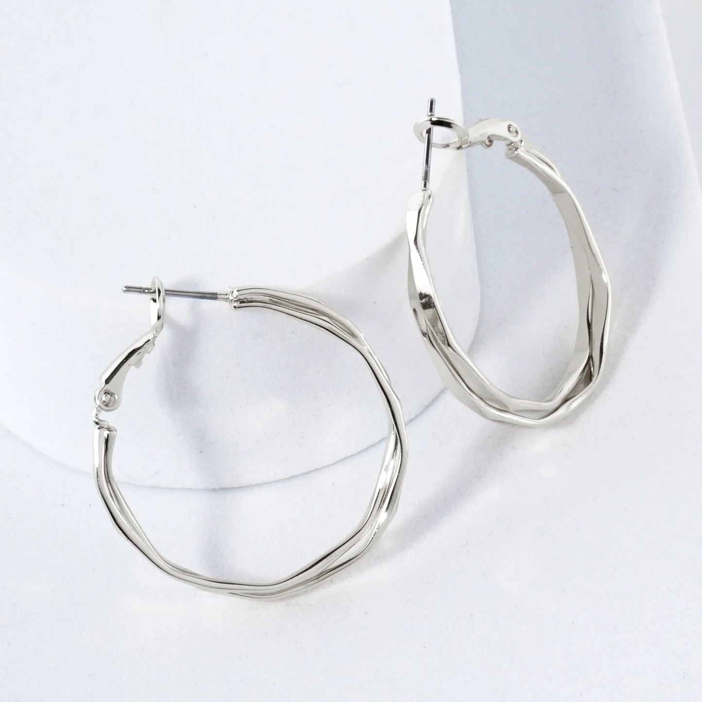 Pressed-Texture Overlapping 30mm 14K-Gold-Dipped Geometric Omega-Back Hoop Earrings