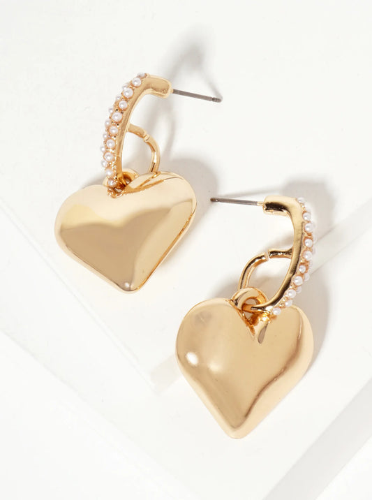 Puffy Heart Drop Pearl-Beaded Bar Dangle Earrings