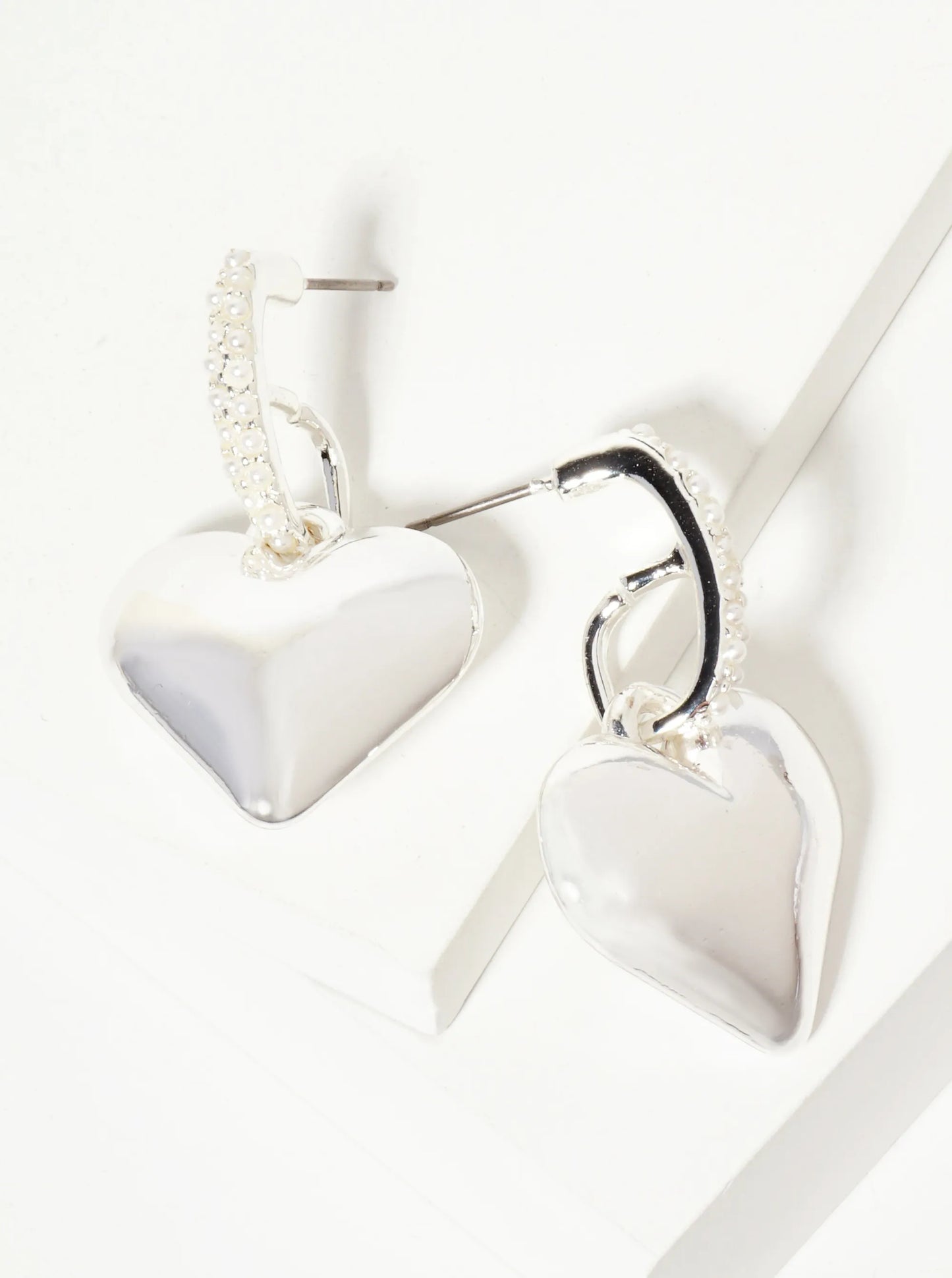 Puffy Heart Drop Pearl-Beaded Bar Dangle Earrings