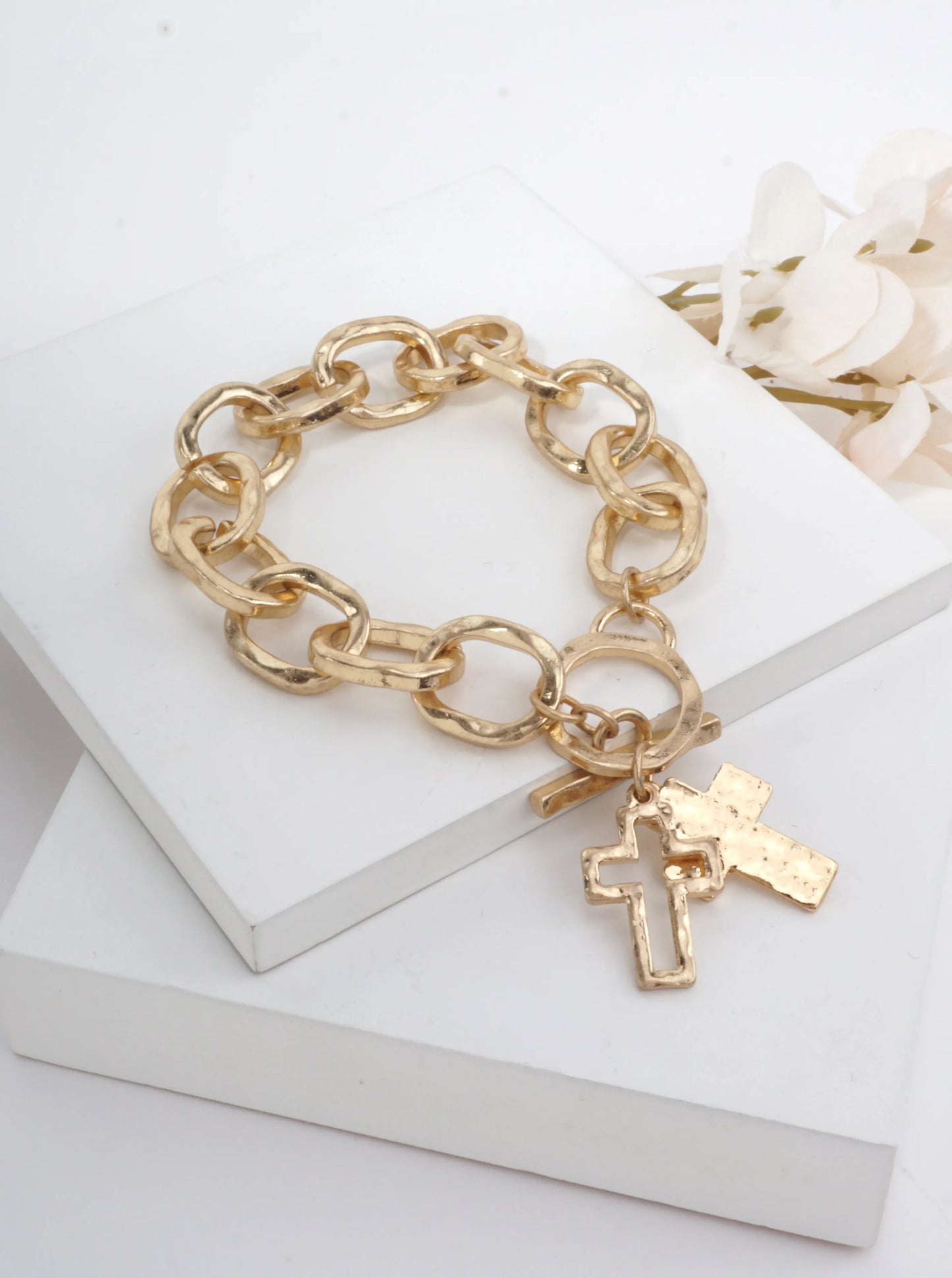 Hammered Cross Charm Chain Bracelet
