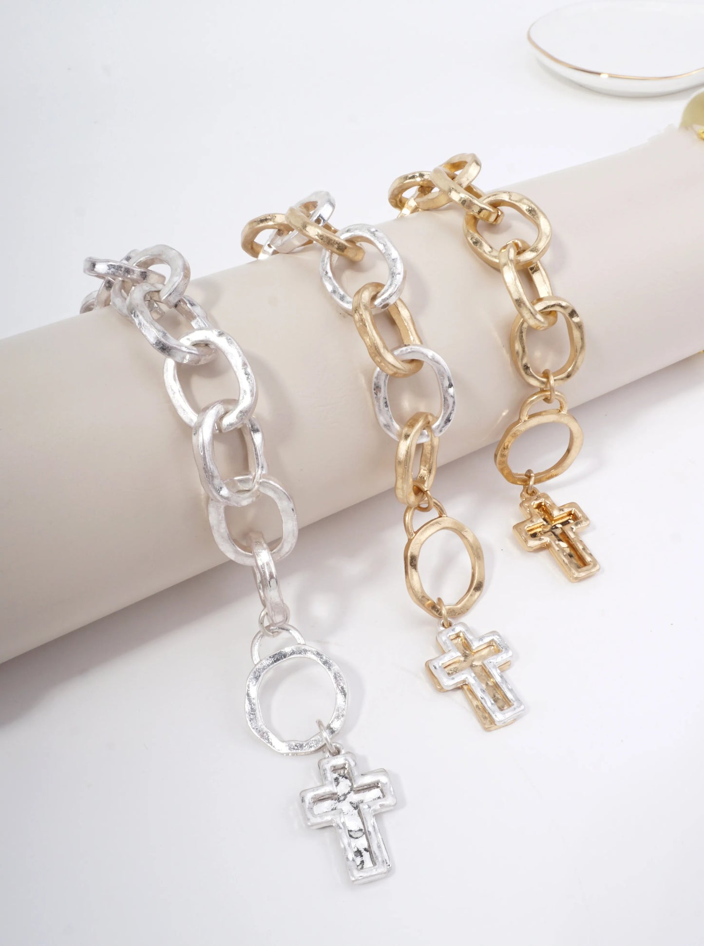 Hammered Cross Charm Chain Bracelet