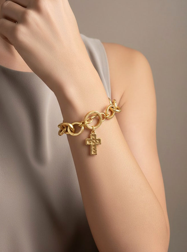 Hammered Cross Charm Chain Bracelet