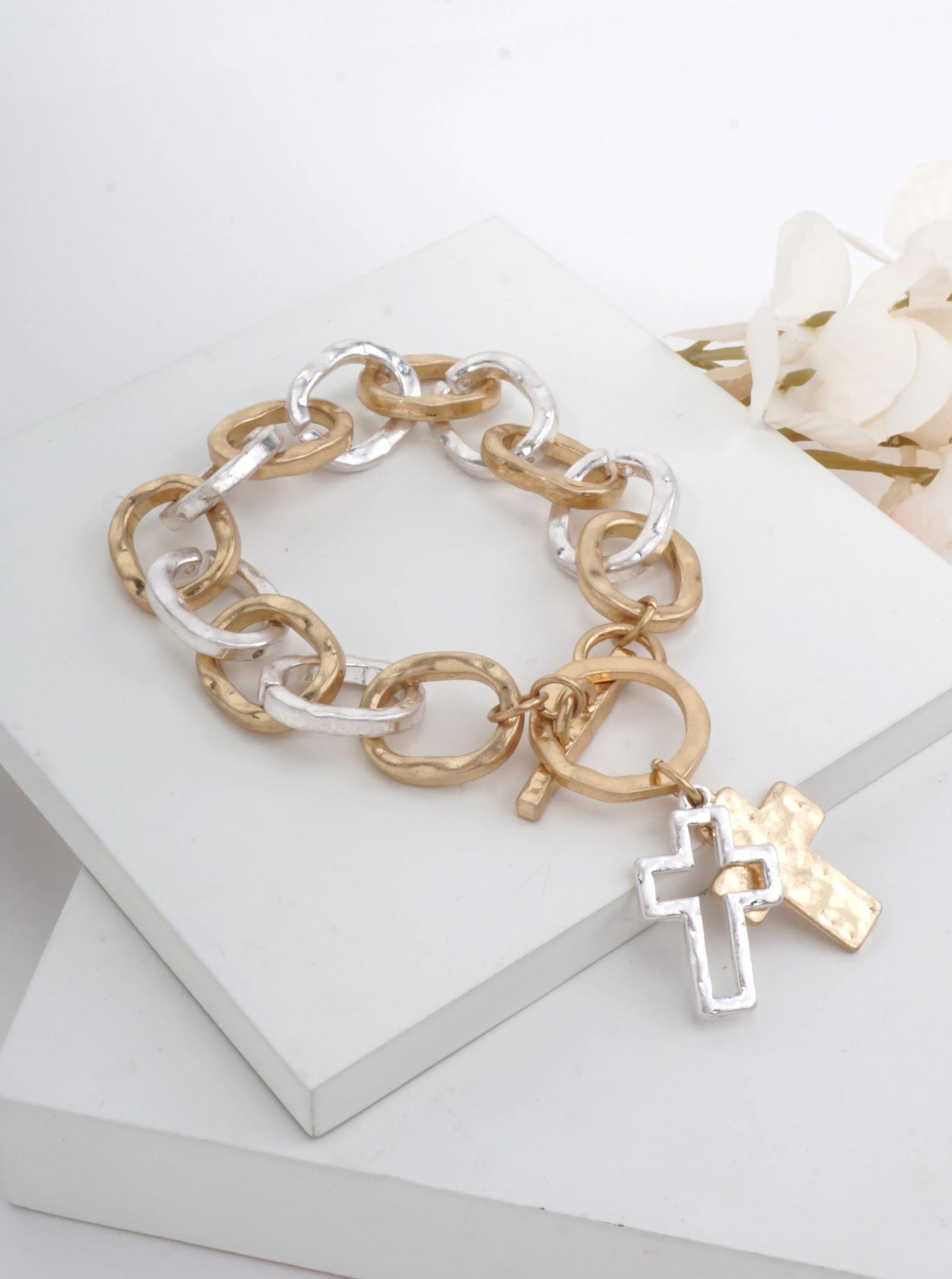 Hammered Cross Charm Chain Bracelet