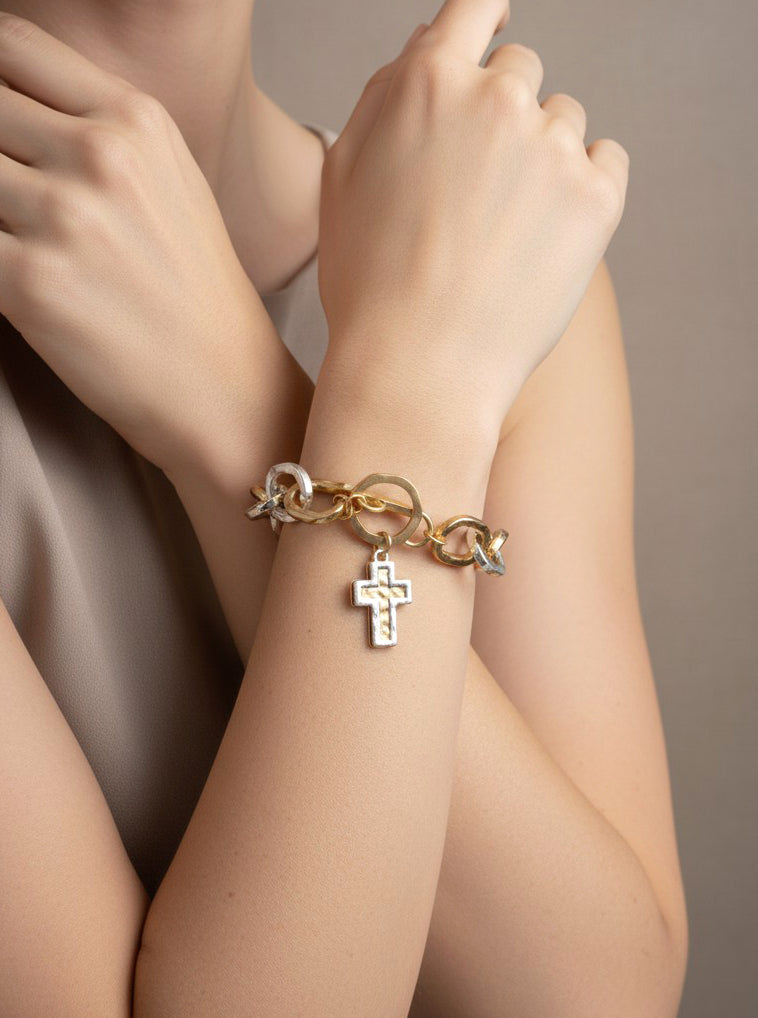 Hammered Cross Charm Chain Bracelet