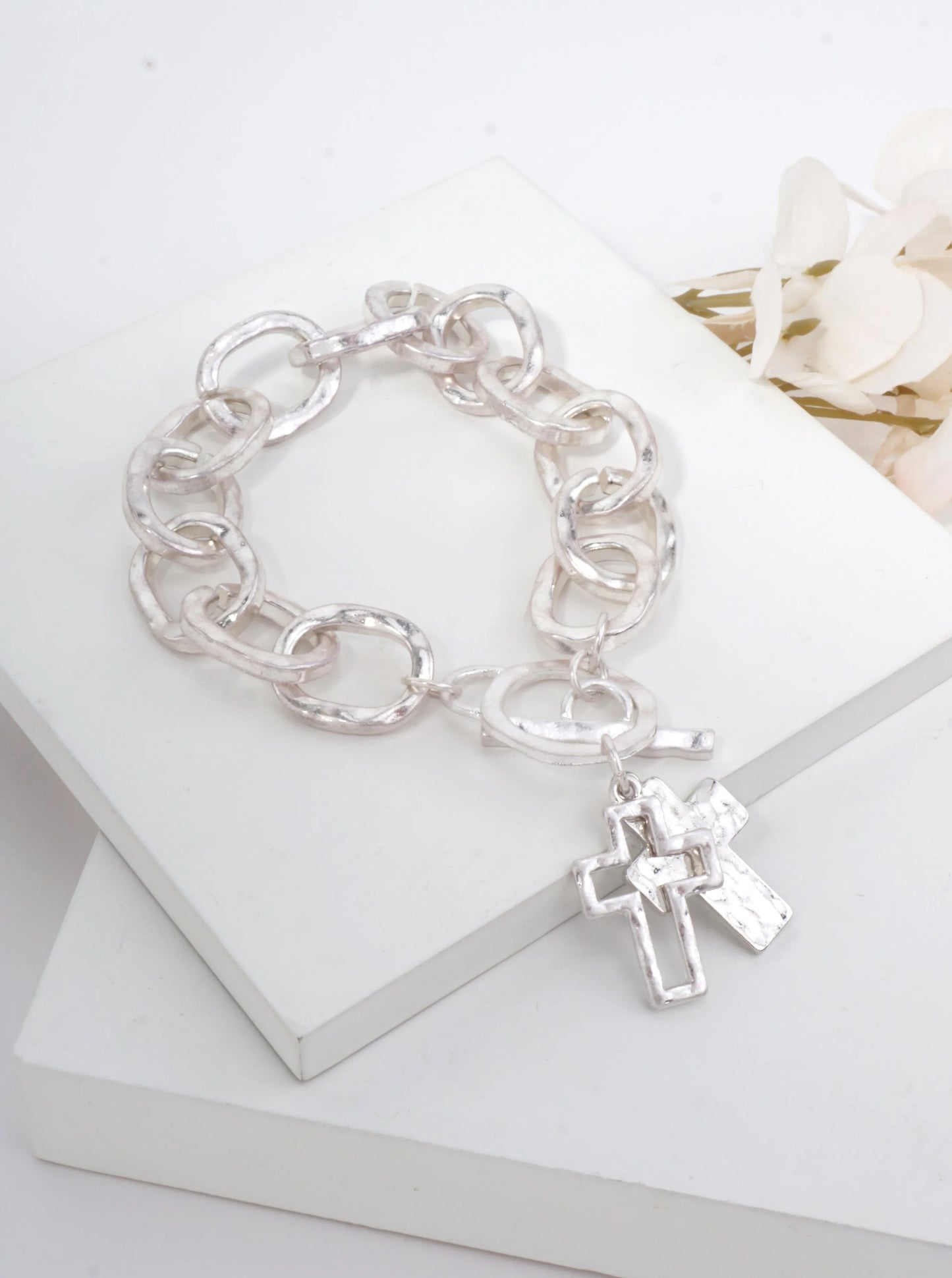 Hammered Cross Charm Chain Bracelet