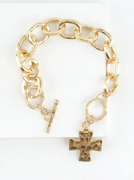 Chunky Hammered Cross Charm Toggle Link Bracelet