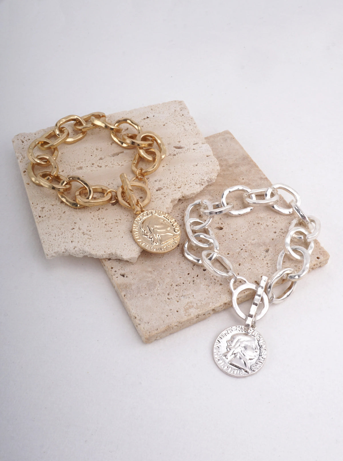 Textured Coin Charm Toggle Chain Bracelet