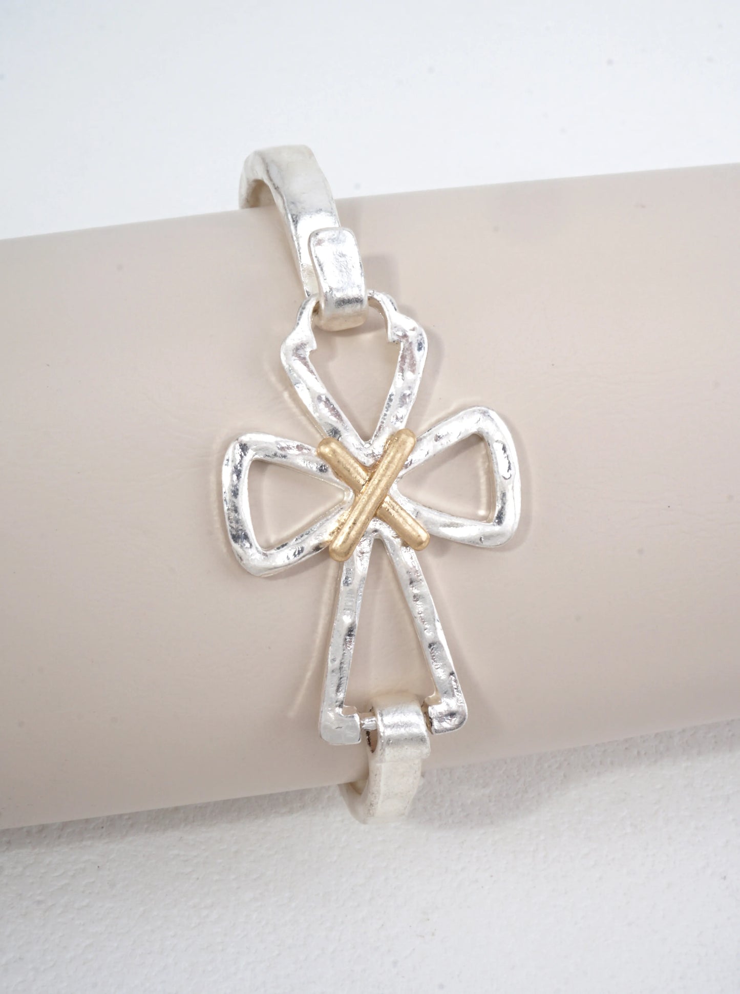 Hammered Cross Hook Closure Cuff Bracelet