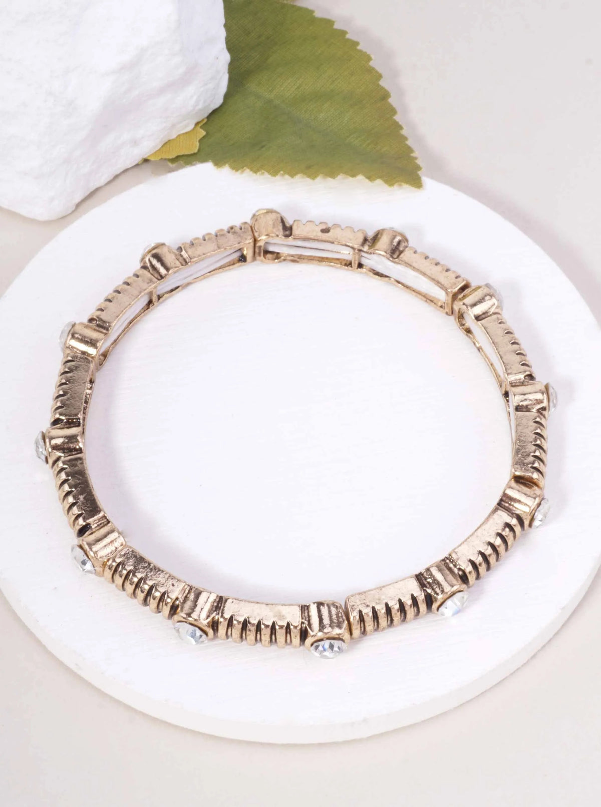 Ribbed Crystal Statement Stretch Bracelet - Antique Gold