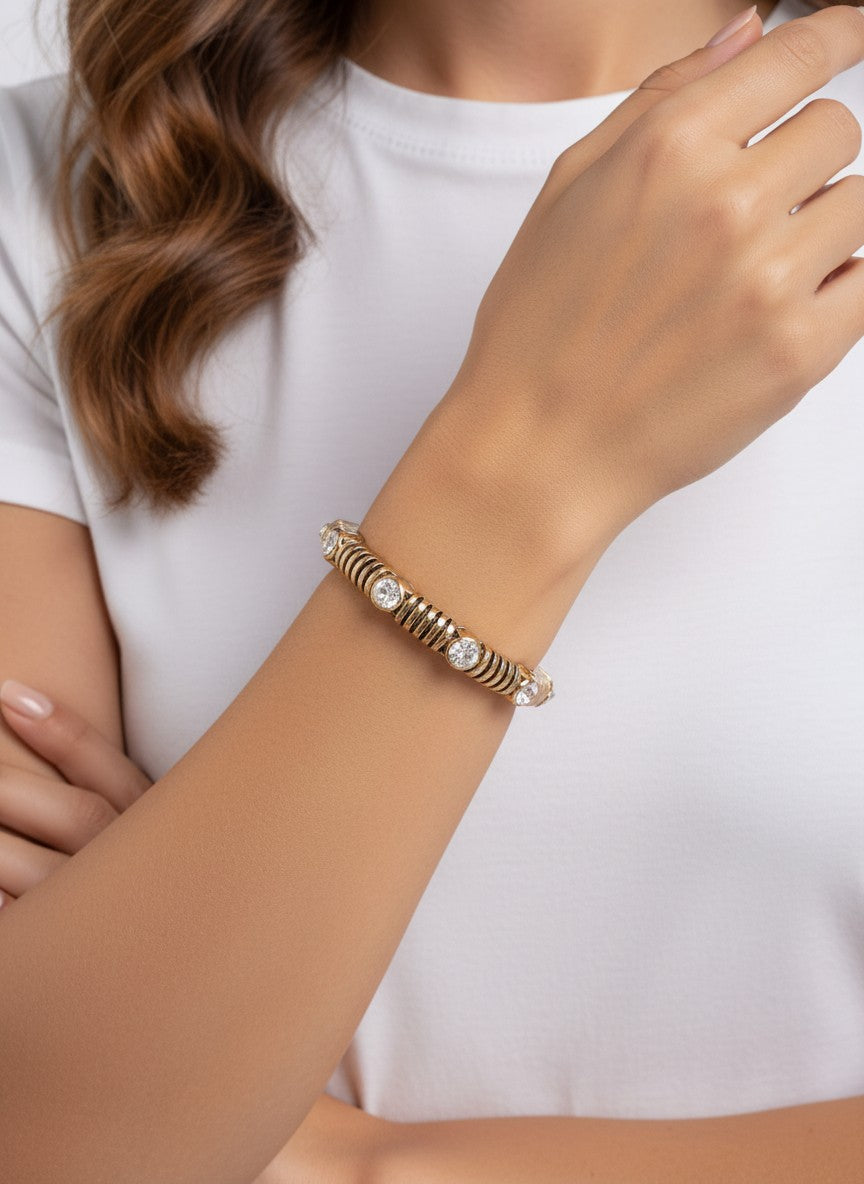Ribbed Crystal Statement Stretch Bracelet - Antique Gold