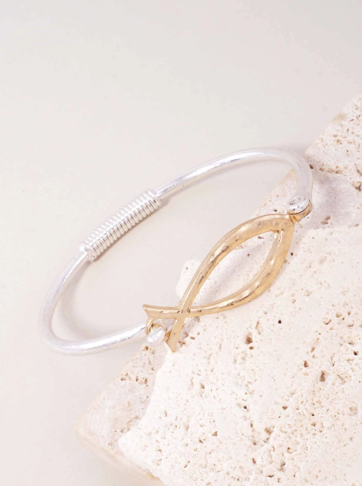 Hammered Religious Fish Hook Bangle Bracelet