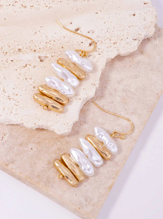 Pearl Irregular Hammered Bar Drop Hook Earrings