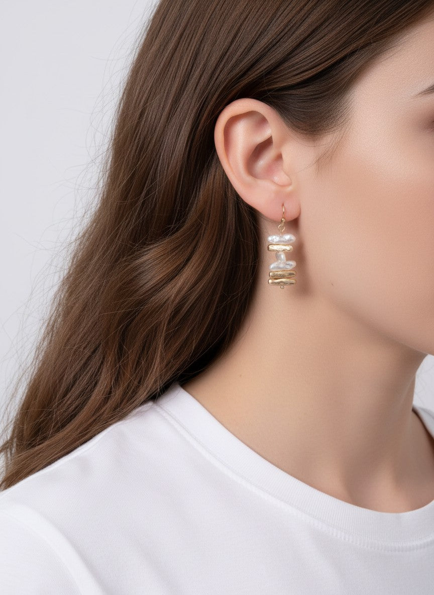 Pearl Irregular Hammered Bar Drop Hook Earrings