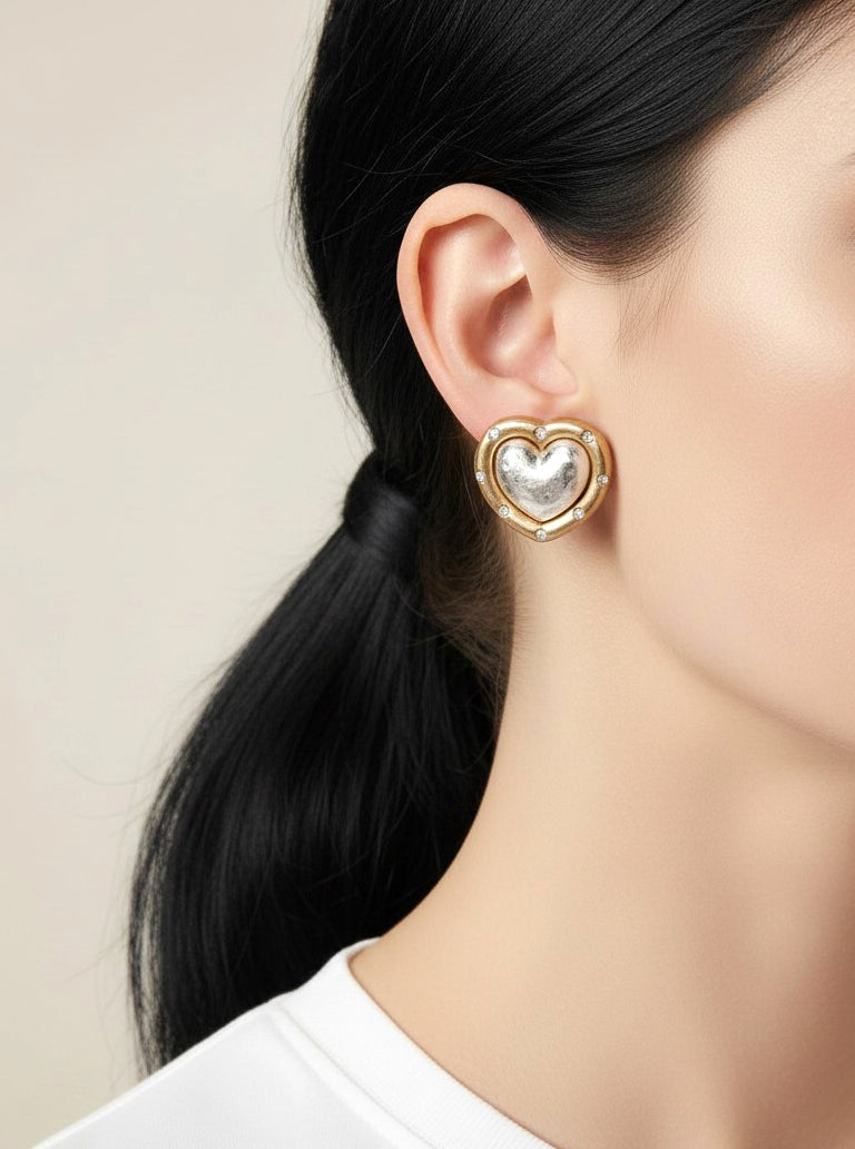 Retro Heart Earrings With Crystal Accents