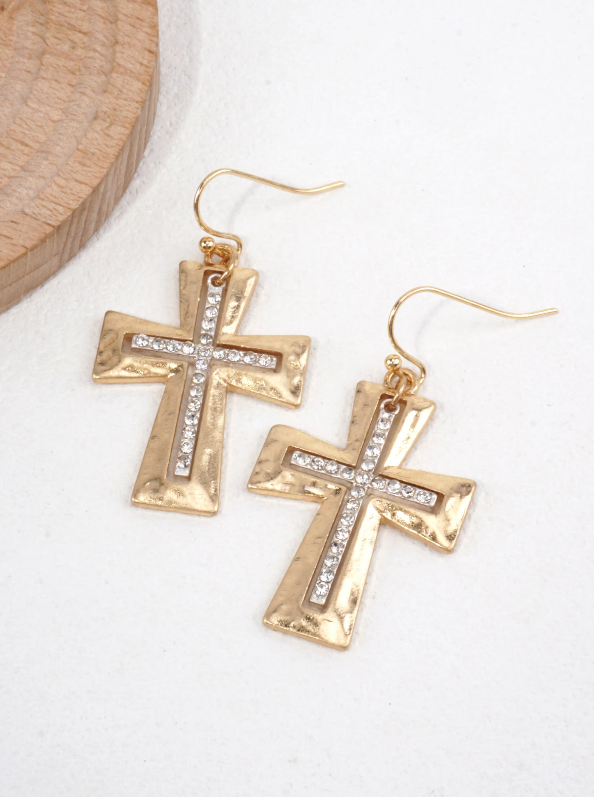 Hammered Cross Rhinestone Drop Earrings