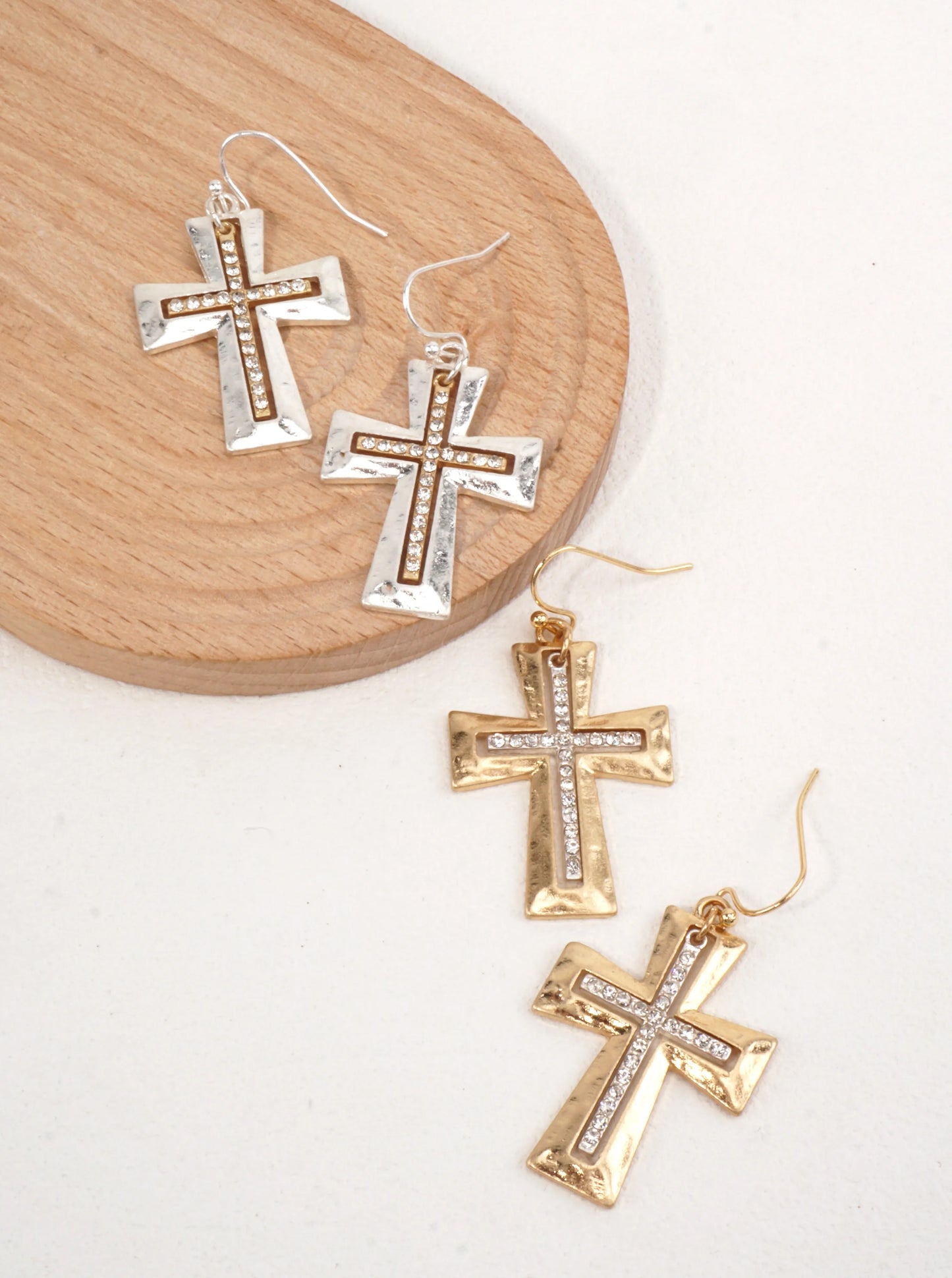 Hammered Cross Rhinestone Drop Earrings